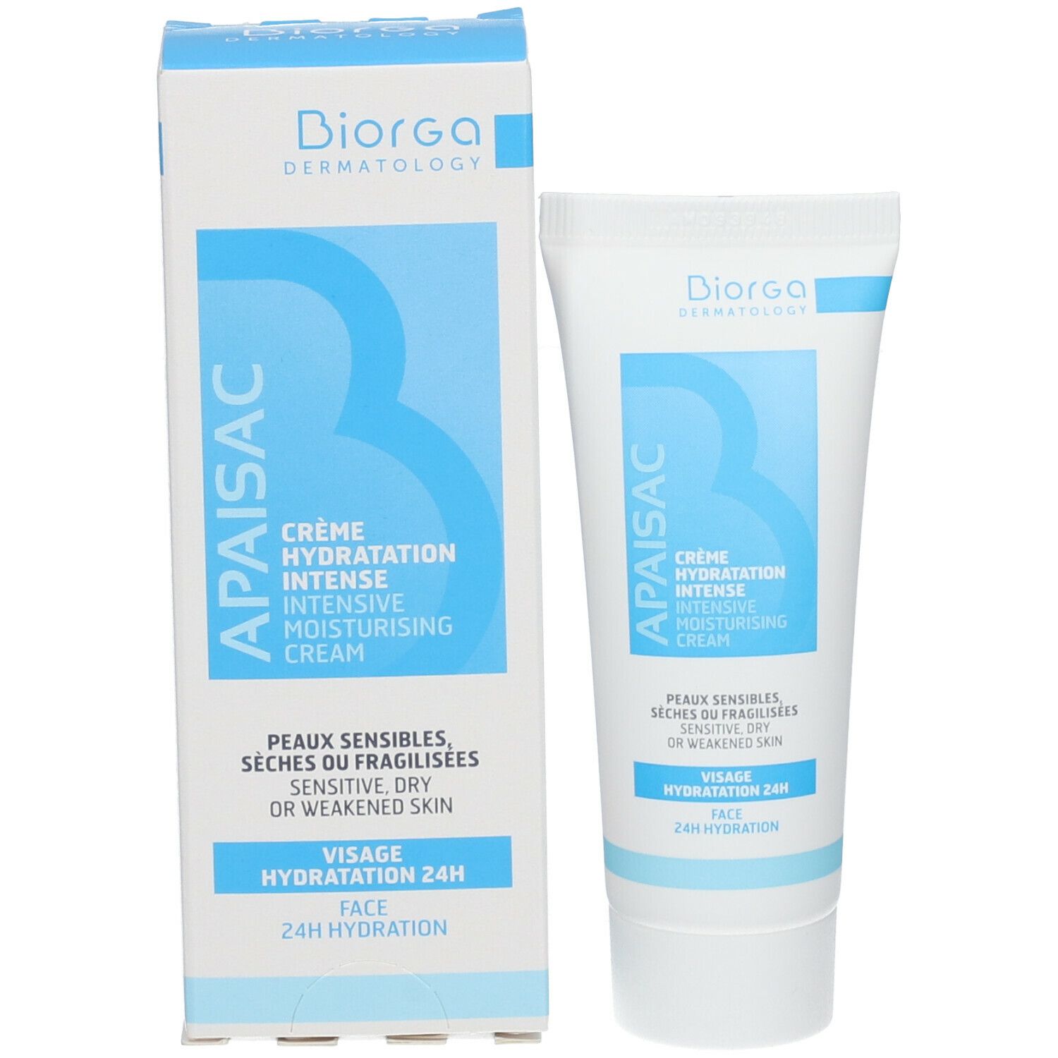 Productverpakking met tube en doos. Opschrift Apaisac, Crème Hydratation Intense. Blauwe en witte verpakking.
