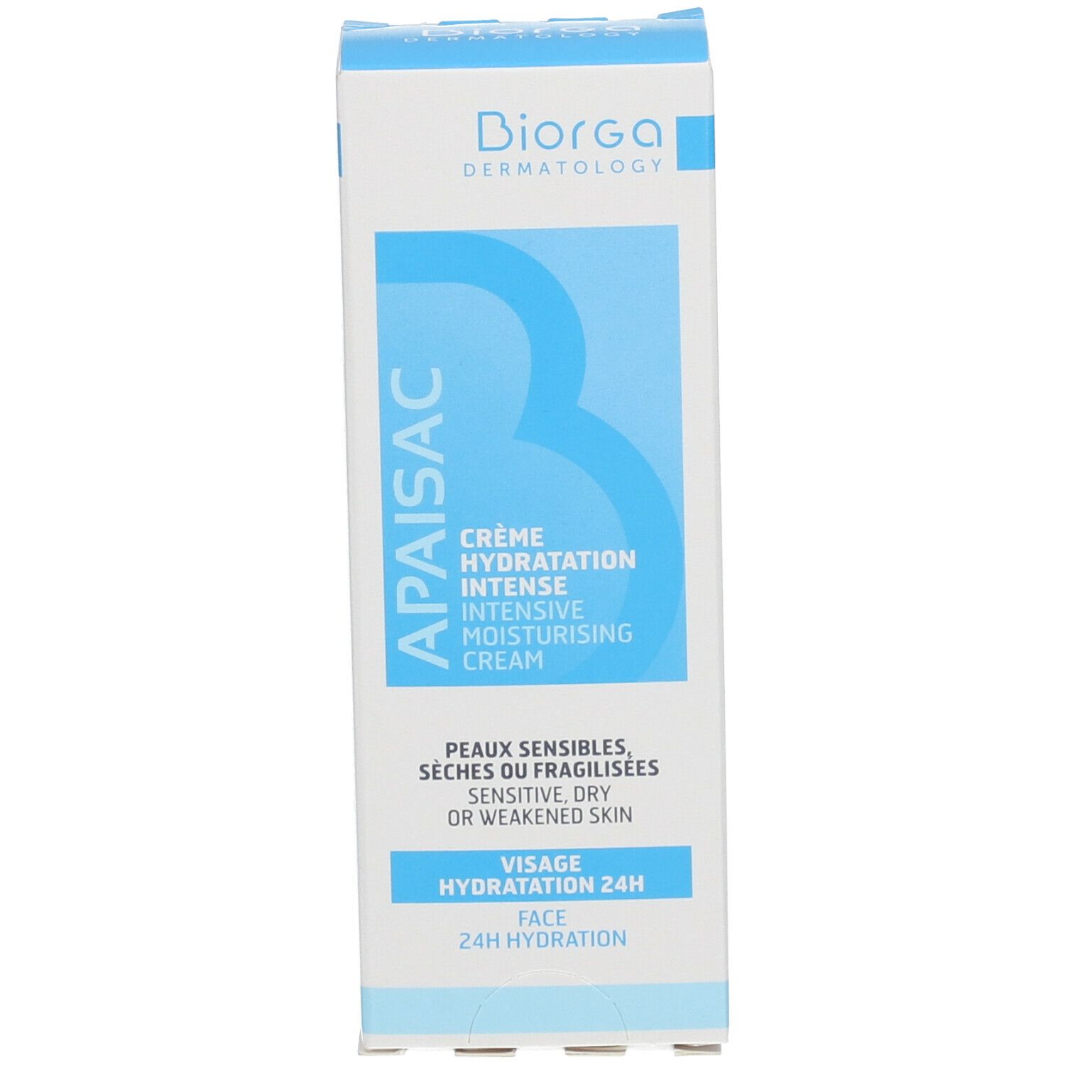 Kartonnen verpakking met opschrift Apaisac, Crème Hydratation Intense. Blauwe en witte verpakking. Gezichtsverzorging.