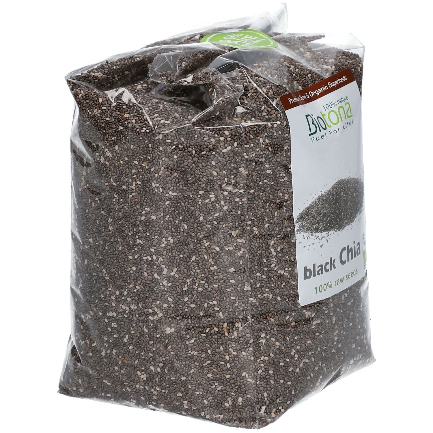 Verpackung mit schwarzen Chia-Samen. Aufdruck: Biotona, black Chia, 100% raw seeds. Siegel: Vegan.