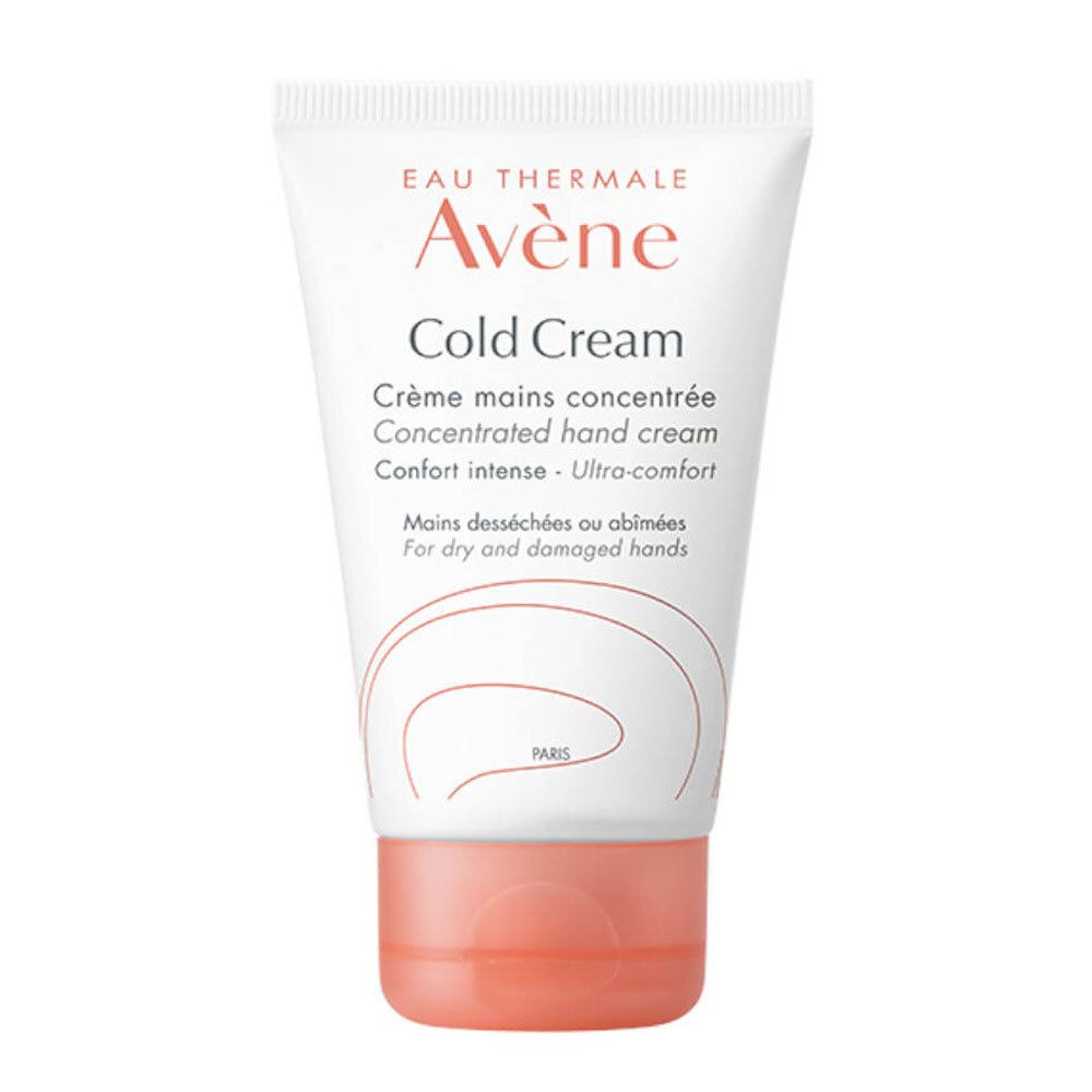 Tube blanc avec bouchon rose. Inscription: Eau Thermale Avène Cold Cream, Crème mains concentrée, Concentrated hand cream.