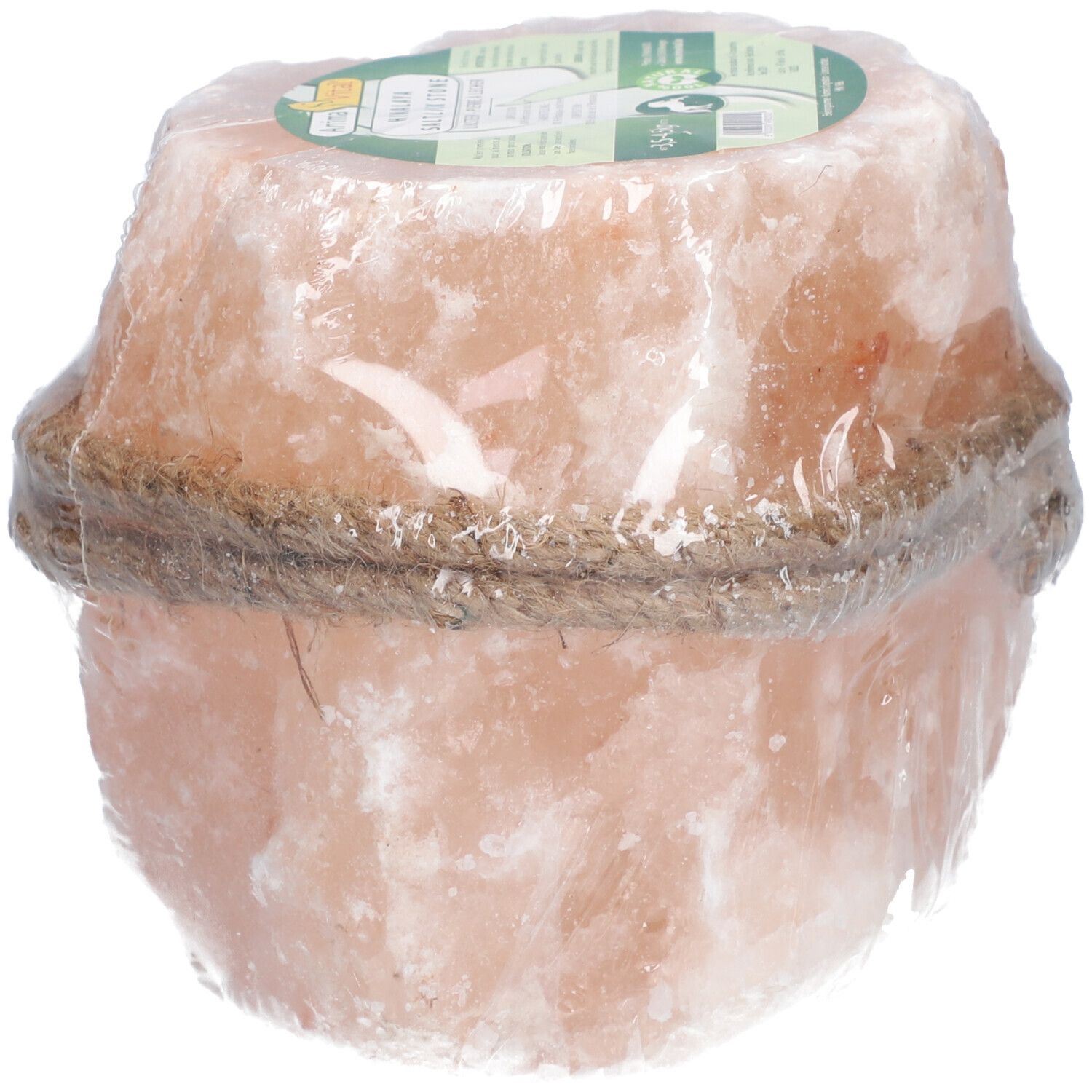 Rosa Salzleckstein, rund, mit Seil umwickelt, in Folie verpackt.