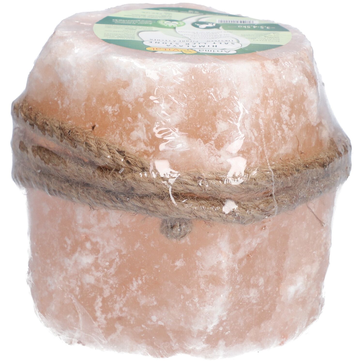 Rosa Salzleckstein, rund, mit Seil umwickelt, in Folie verpackt.