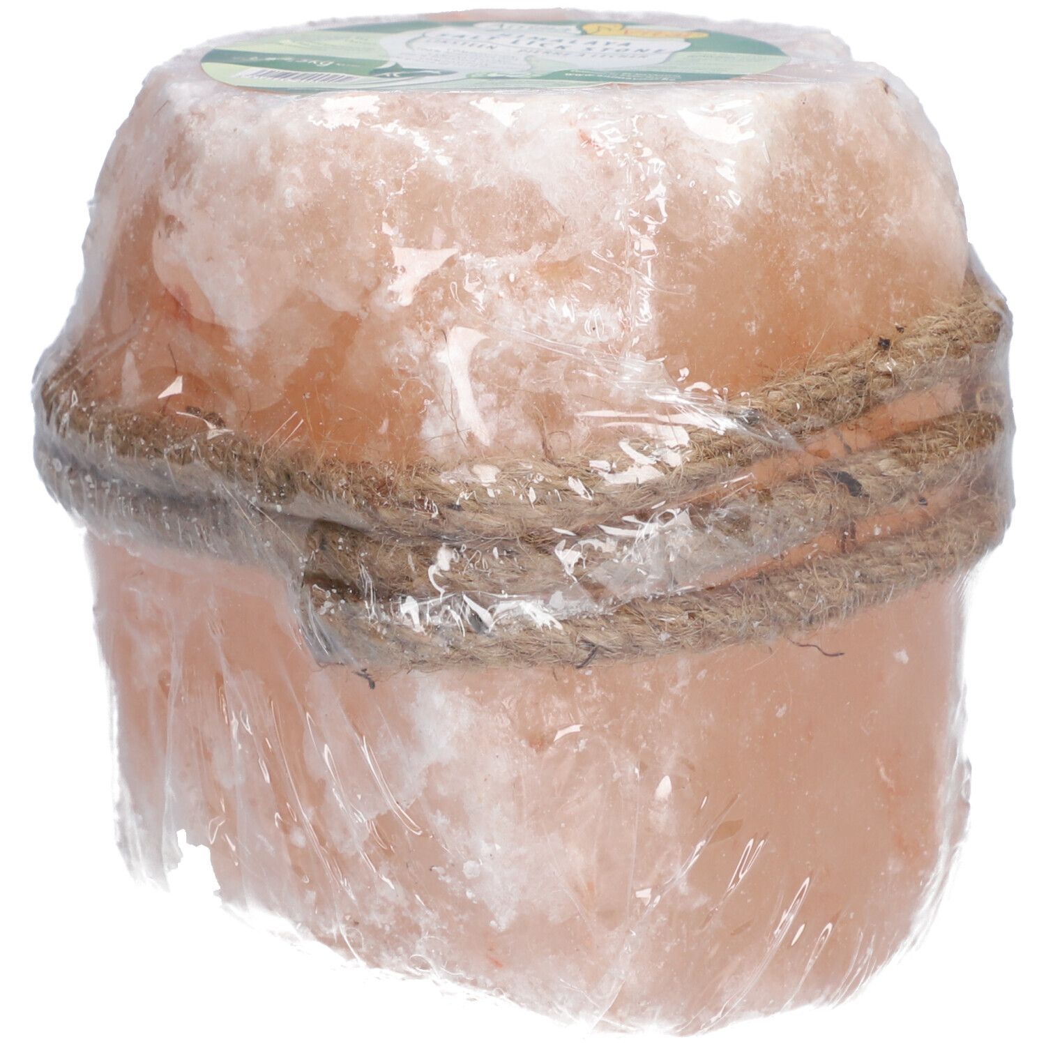 Rosa Salzleckstein, rund, mit Seil umwickelt, in Folie verpackt.