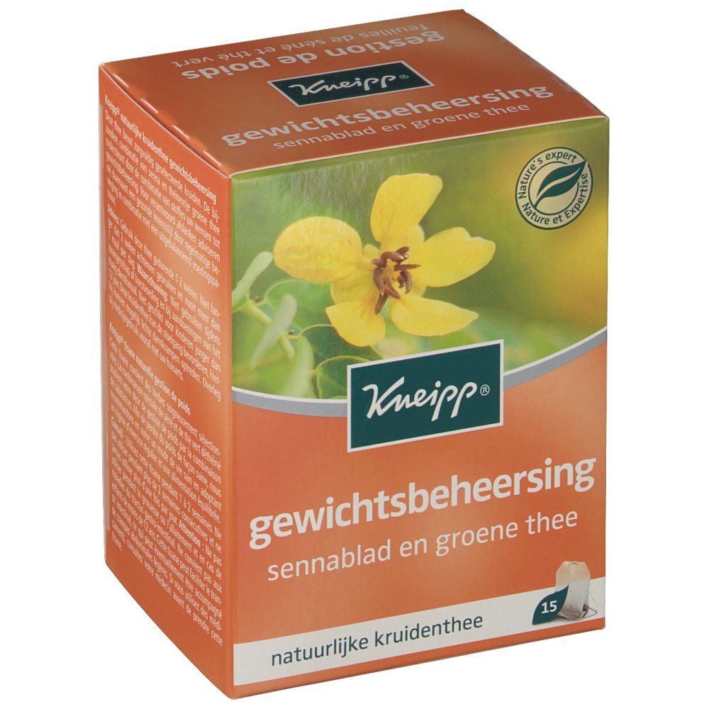 Boîte Kneipp de thé. Carton orange avec motif floral et texte. 15 sachets.