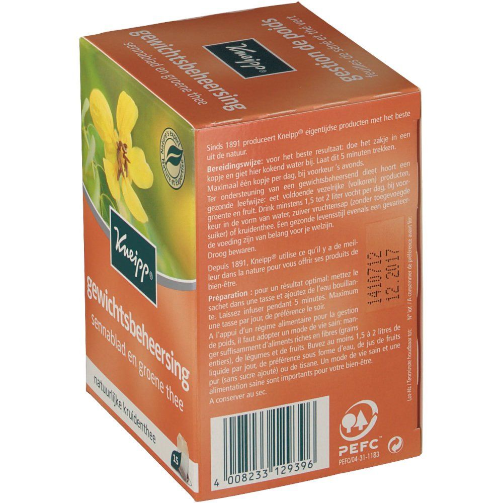 Dos de la boîte de thé Kneipp. Texte multilingue. Certification PEFC. Date de péremption.