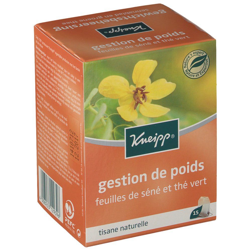 Boîte de thé Kneipp. Carton orange avec motif floral et texte. 15 sachets.