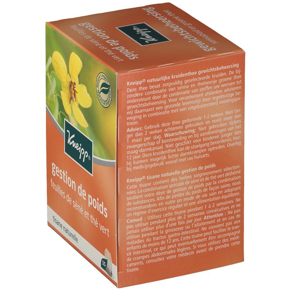 Dos de la boîte de thé Kneipp. Texte multilingue. Certification PEFC.
