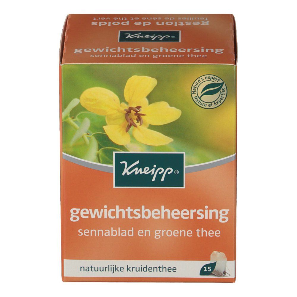 Boîte Kneipp de thé. Carton orange avec motif floral et texte. 15 sachets.