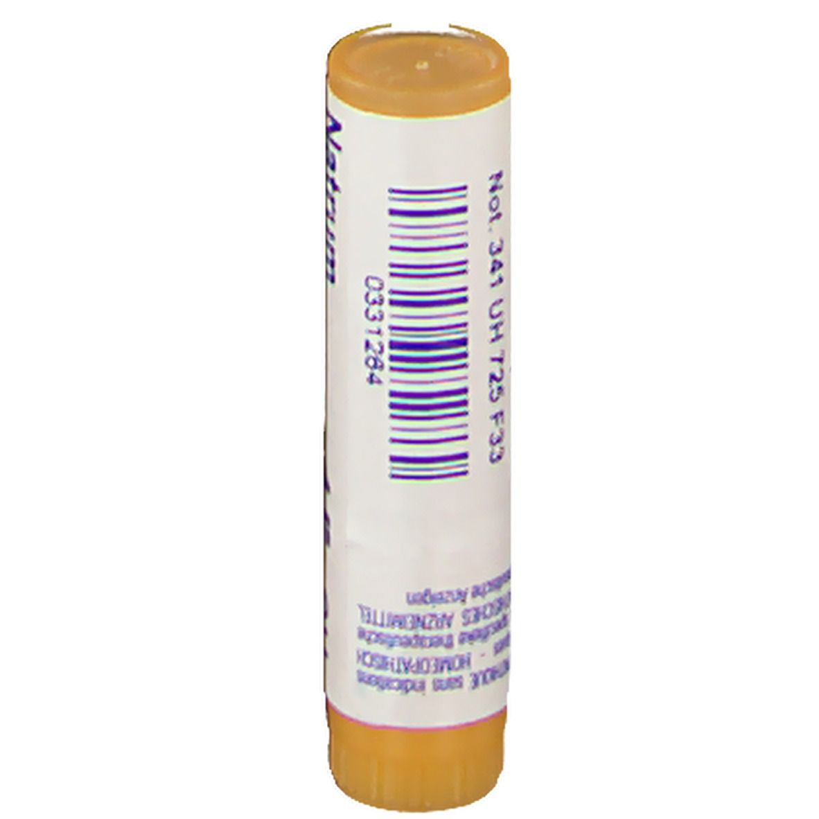 Cilindervormige verpakking met wit etiket. Barcode en tekst. Oranje dop en bodem.