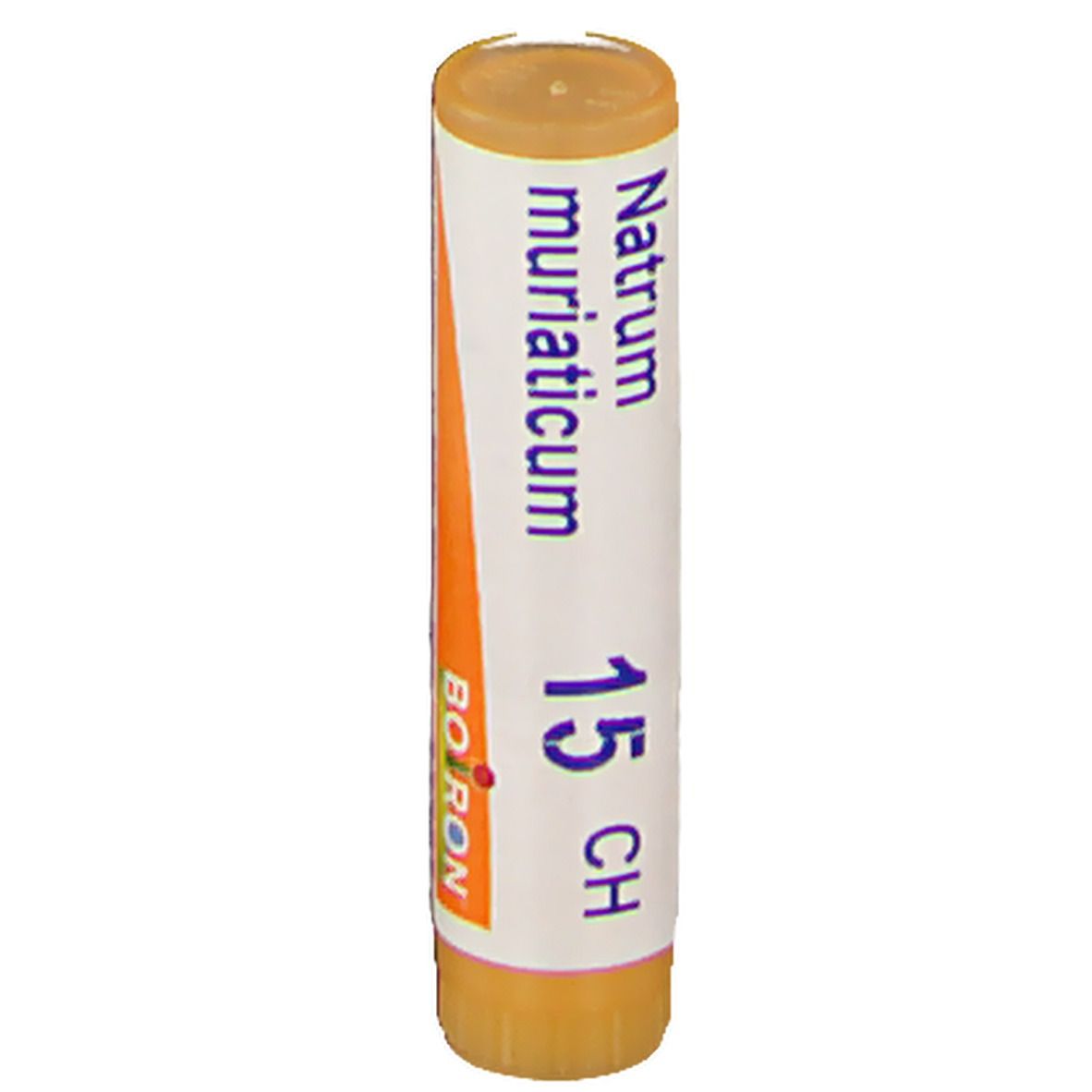 Cilindervormige verpakking met wit etiket. Opschrift: Natrum muriaticum 15 CH en Boiron-logo. Oranje dop en bodem.