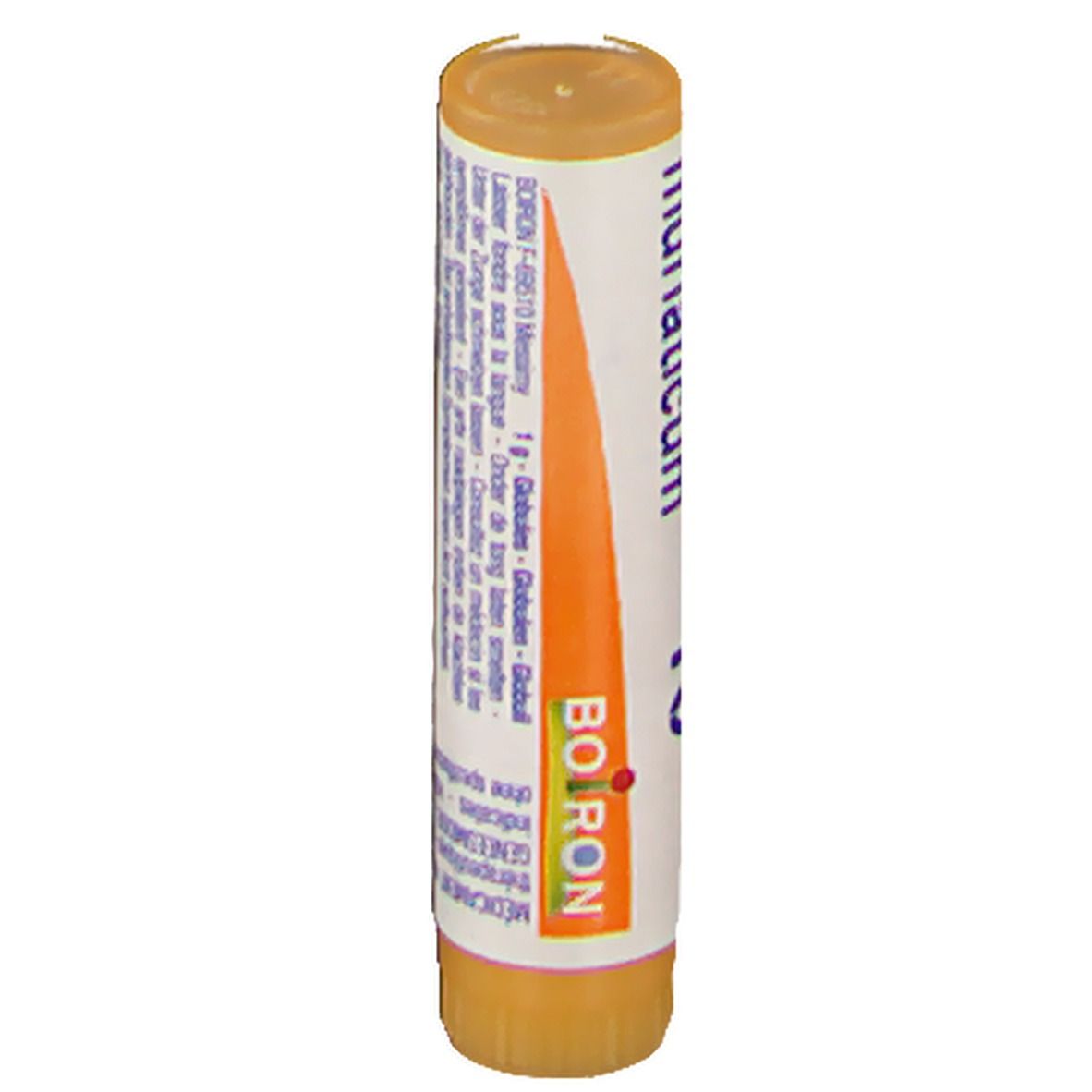 Cilindervormige verpakking met wit etiket. Tekst, logo Boiron. Oranje dop en bodem.