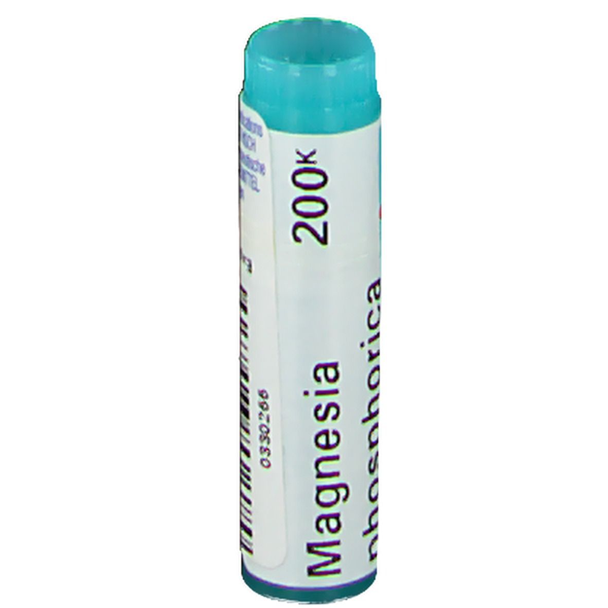 Tube cylindrique avec bouchon bleu. Inscription: Magnesia phosphorica 200K.