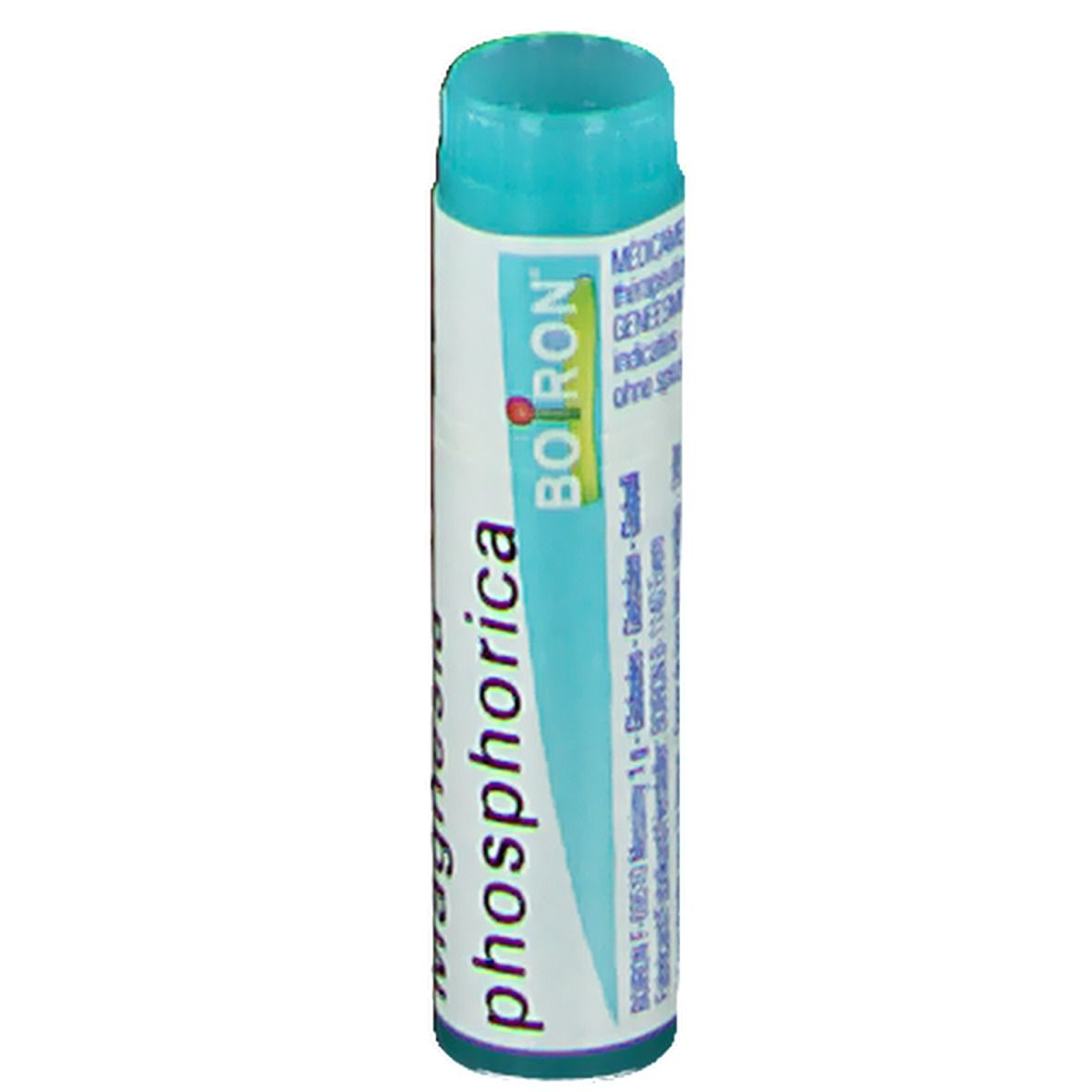 Tube cylindrique avec bouchon bleu. Inscription: Boiron, Magnesia phosphorica.