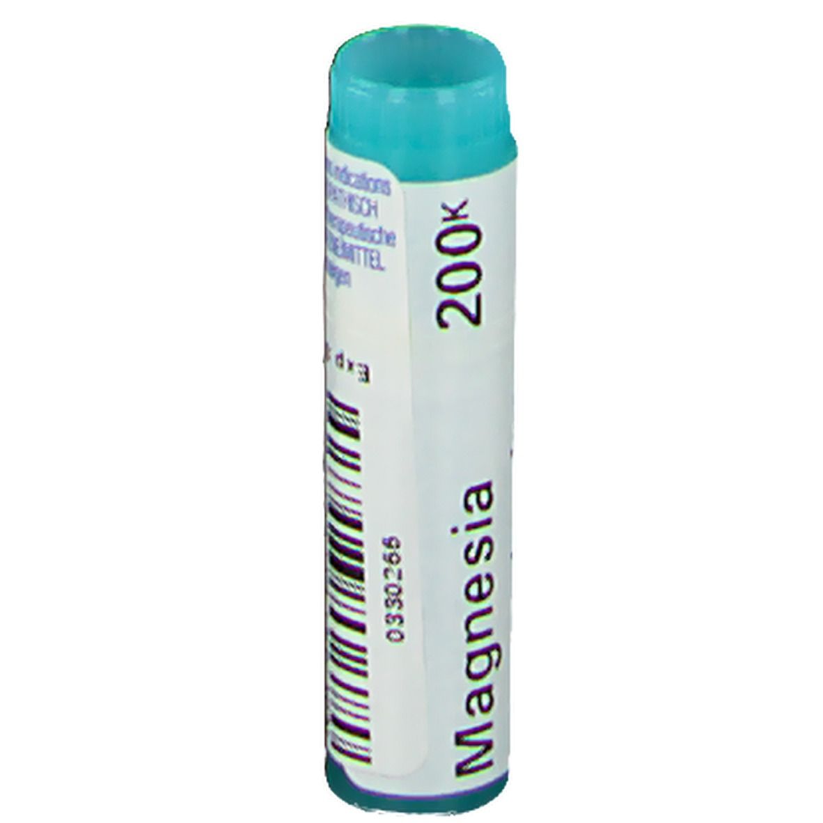 Tube cylindrique avec bouchon bleu. Inscription: Magnesia 200K.