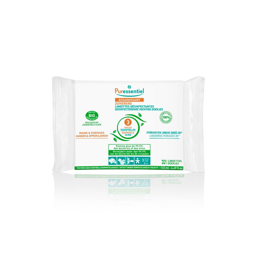 Puressentiel Desinfektionstücher: 32 Tücher für Hände und Oberflächen, BIO-zertifiziert.