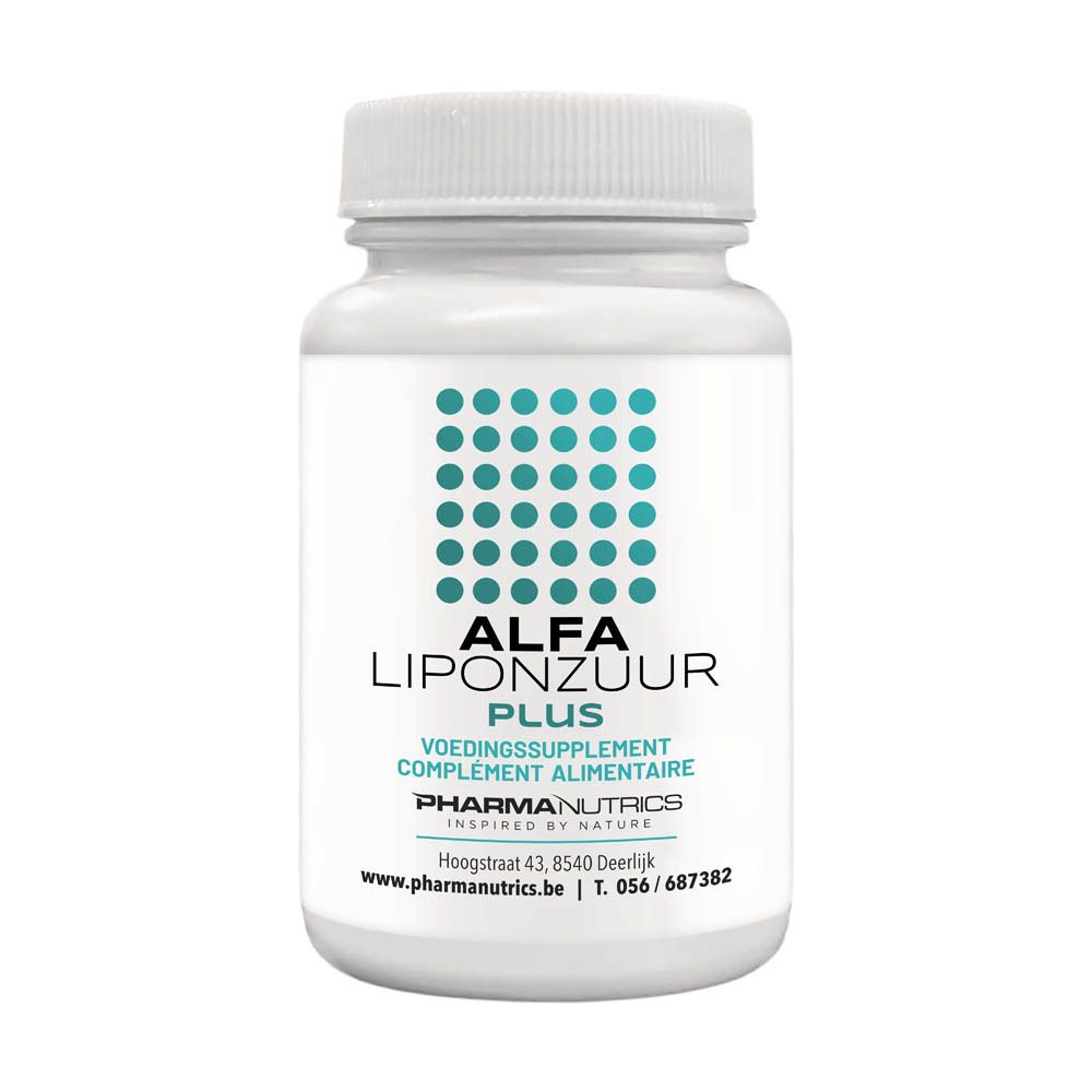Flacon blanc avec capsules. Inscription: ALFA LIPONZUUR PLUS, PHARMANUTRICS. Points turquoise sur l'étiquette.