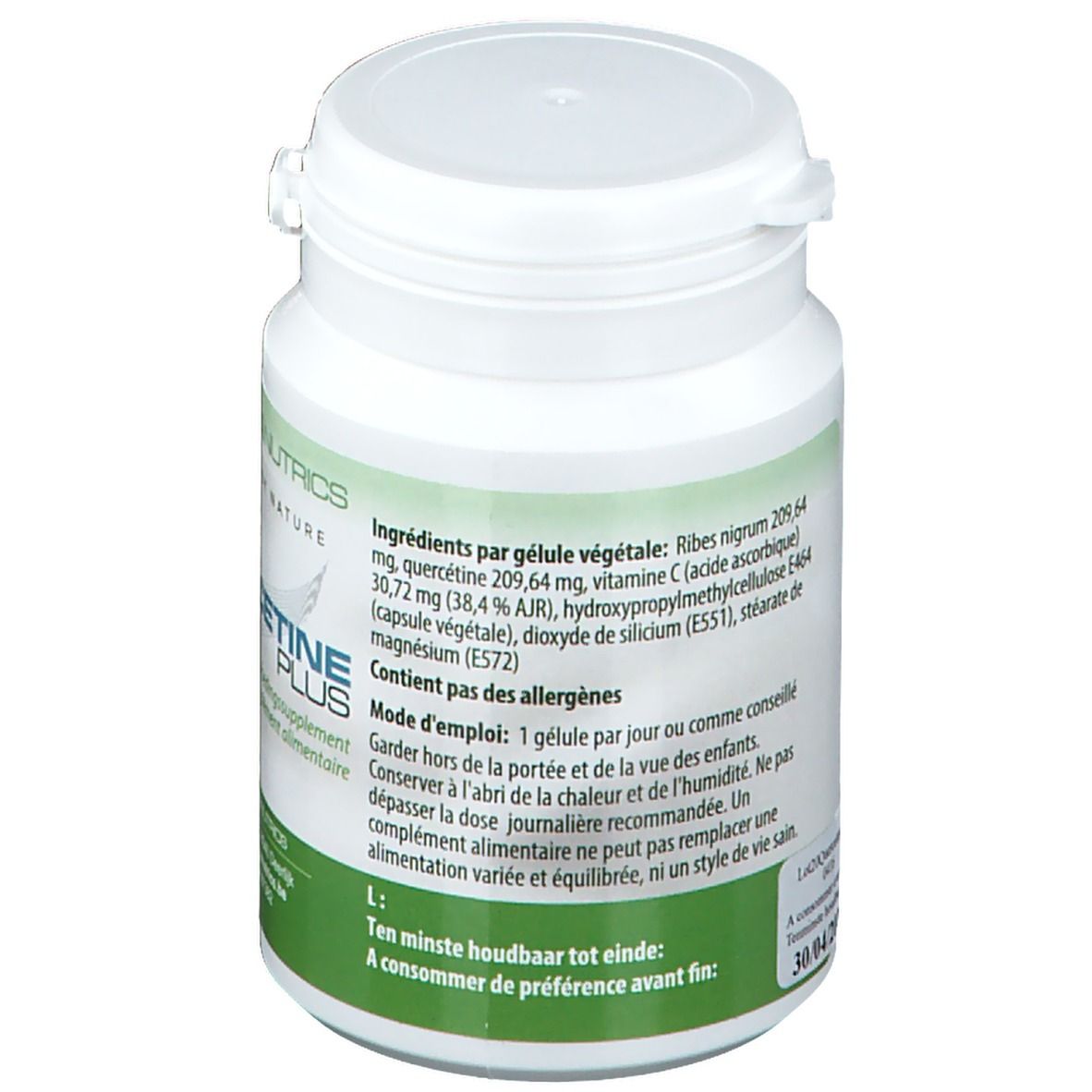 Witte fles met groen etiket. Ingrediëntenlijst en gebruiksaanwijzing. Deksel boven.