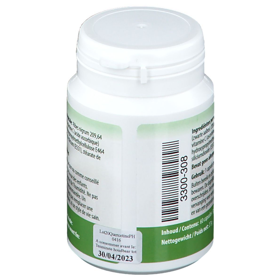 Witte fles met groen etiket. Barcode en tekst. Deksel boven.