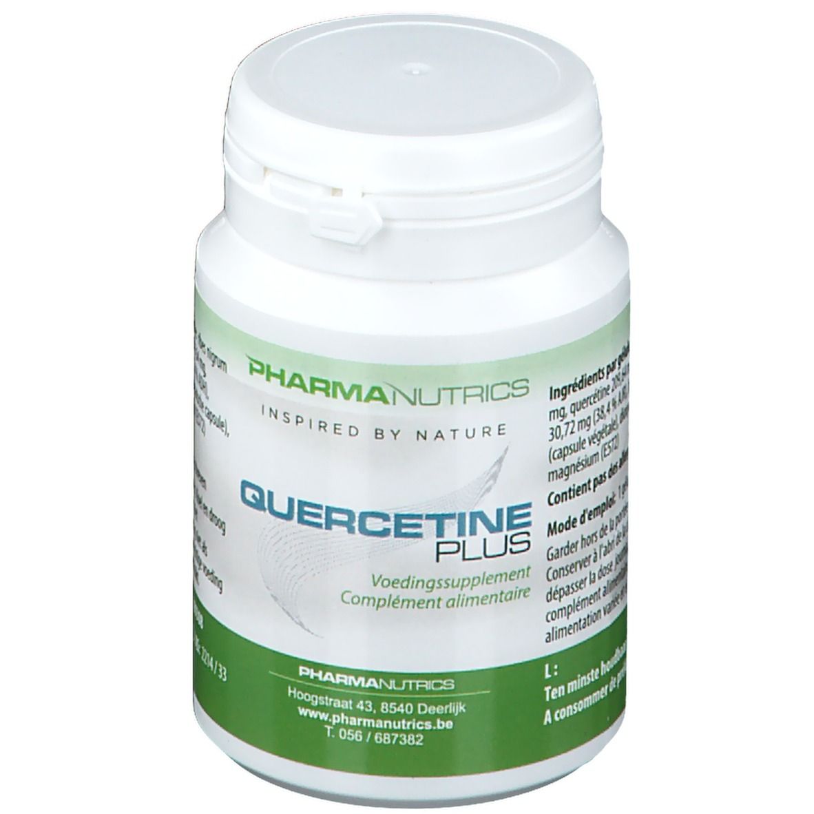 Witte fles met groen etiket. Opschrift: PharmaNutrics Quercetine Plus. Voedingssupplement. Deksel boven.