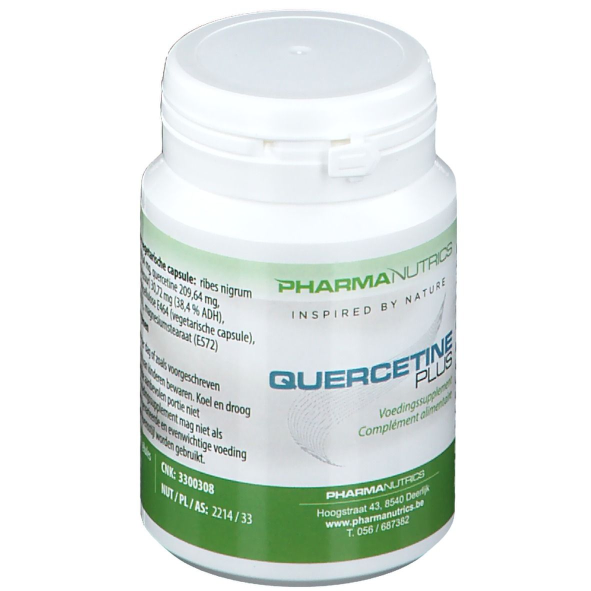 Witte fles met groen etiket. Opschrift: PharmaNutrics Quercetine Plus. Voedingssupplement. Deksel boven.