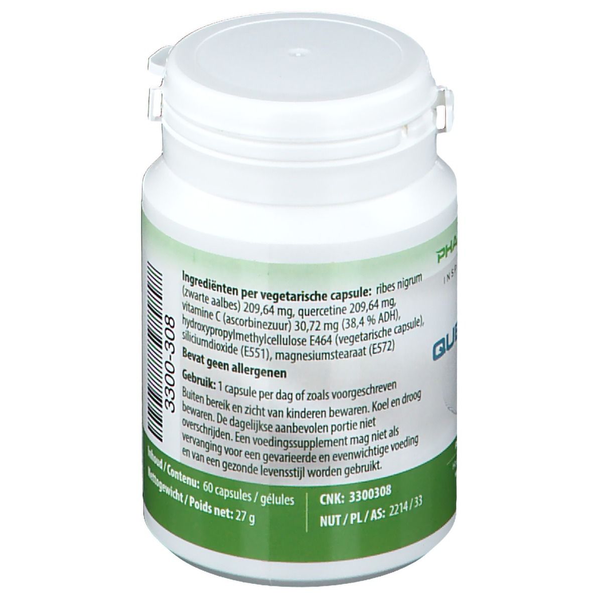 Witte fles met groen etiket. Ingrediëntenlijst en gebruiksaanwijzing. Deksel boven.