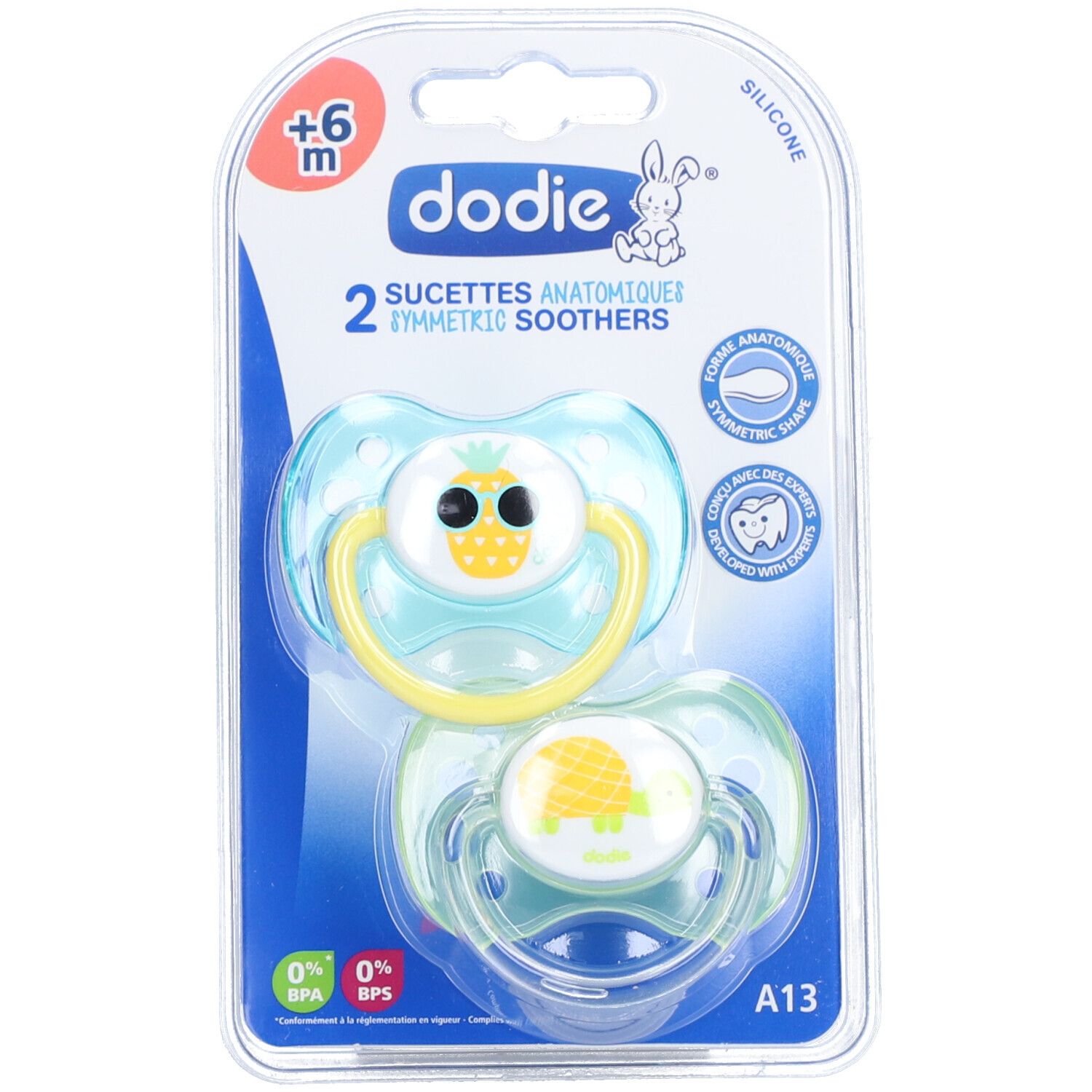 Zwei blaue Dodie Schnuller für Babys ab 6 Monaten, Silikon, mit Tiermotiven.