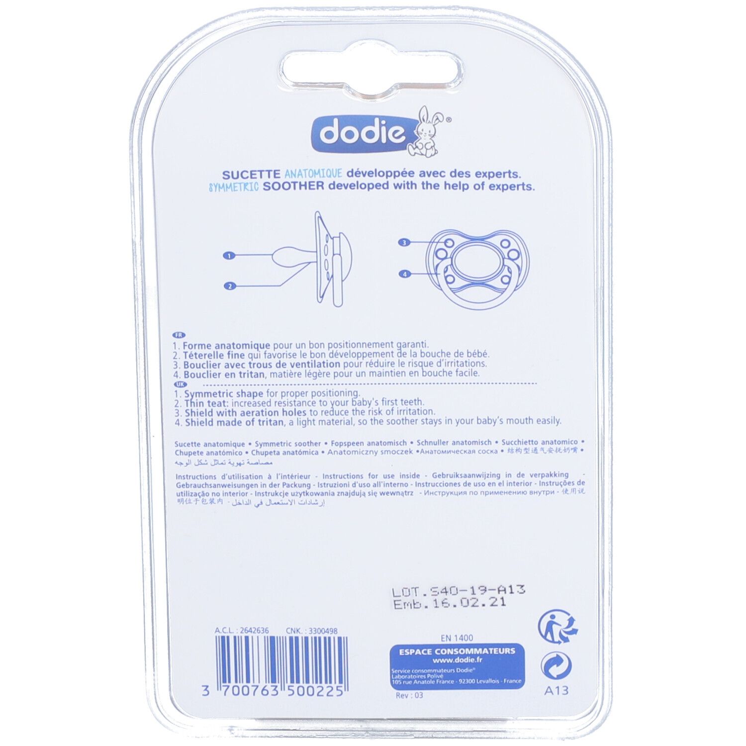 Rückseite der Verpackung von zwei Dodie Schnullern, zeigt Produktinformationen und Gebrauchsanweisungen.