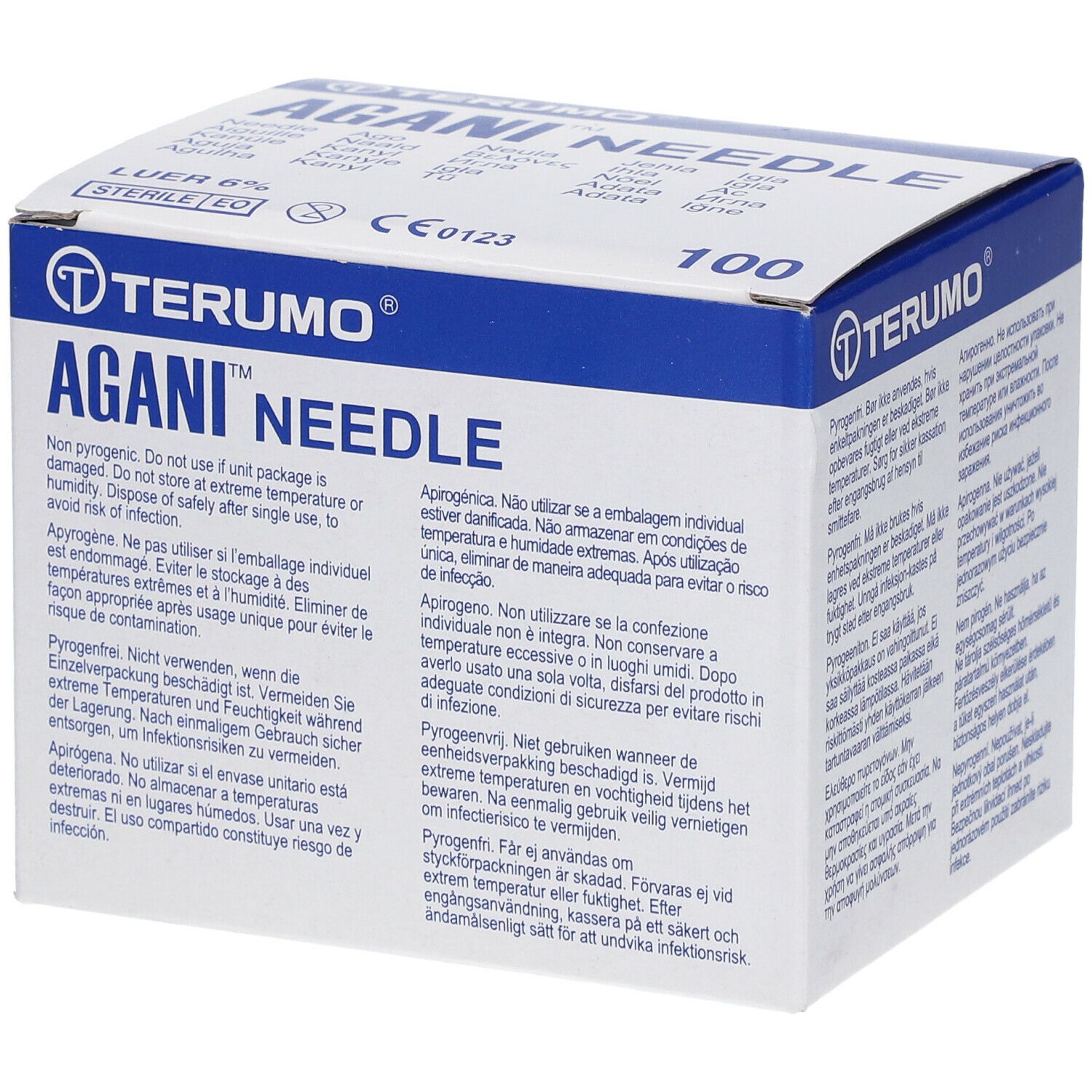 Boîte TERUMO AGANI NEEDLE. Inscription : STERILE EO, 100 unités. Emballage bleu et blanc.