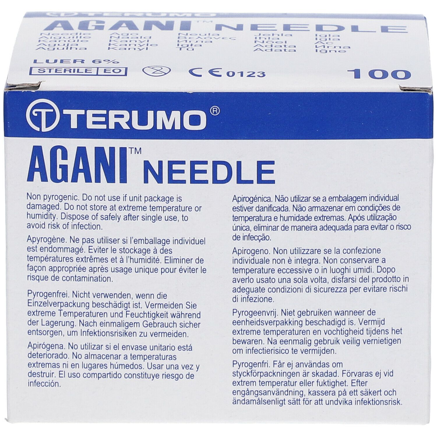 Boîte TERUMO AGANI NEEDLE. Inscription : STERILE EO, 100 unités. Emballage avec texte multilingue.