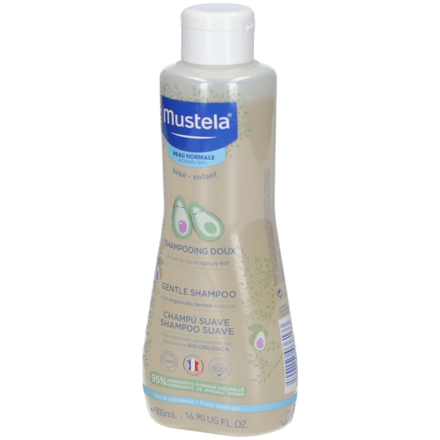 Mustela® Shampoo-Flasche, weißer Deckel, hellbraune Flüssigkeit. Aufschrift: Peau Normale, Bébé-enfant, Shampooing Doux, Gentle Shampoo.