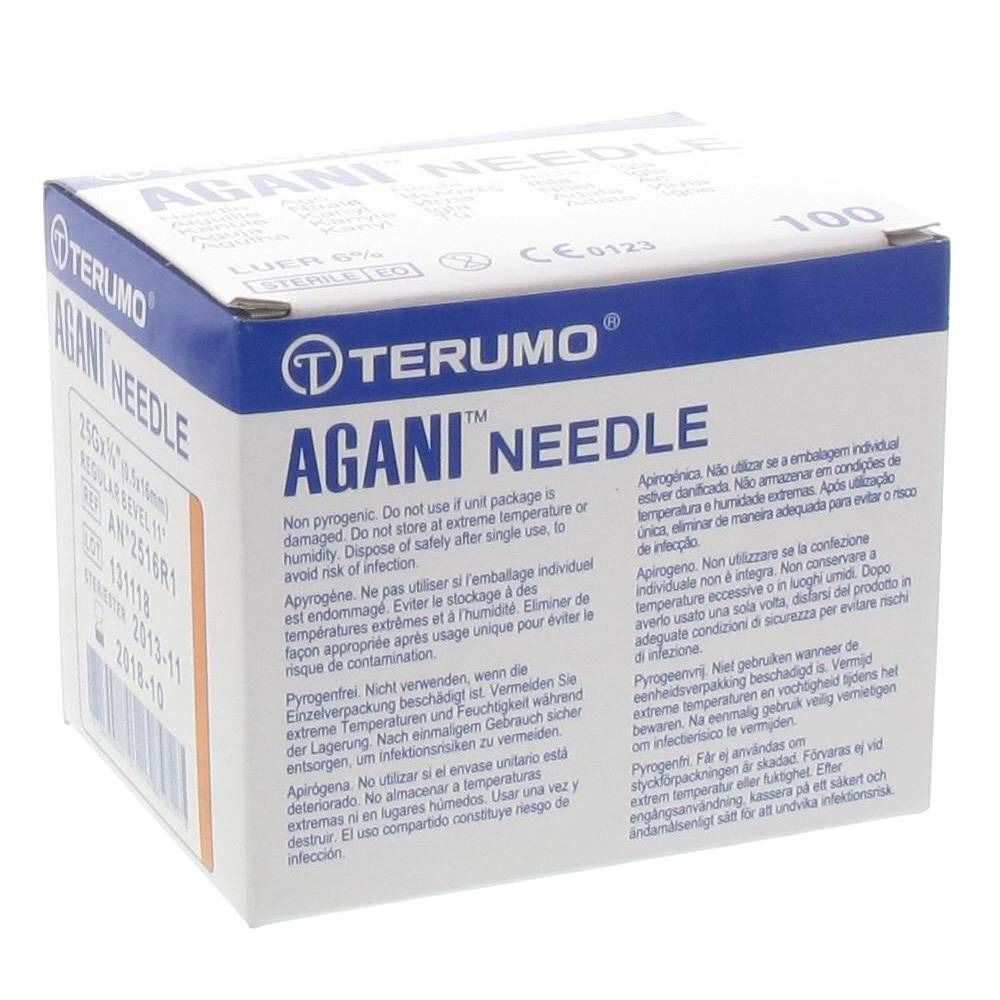 Boîte "AGANI NEEDLE" et logo "TERUMO". Contient 100 aiguilles. Texte multilingue.