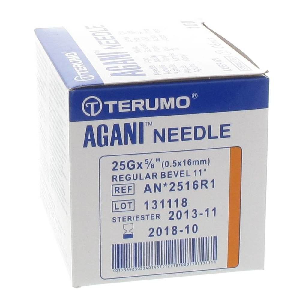 Boîte "AGANI NEEDLE" et logo "TERUMO". Informations produit: 25Gx5/8", REF AN*2516R1, LOT 131118.
