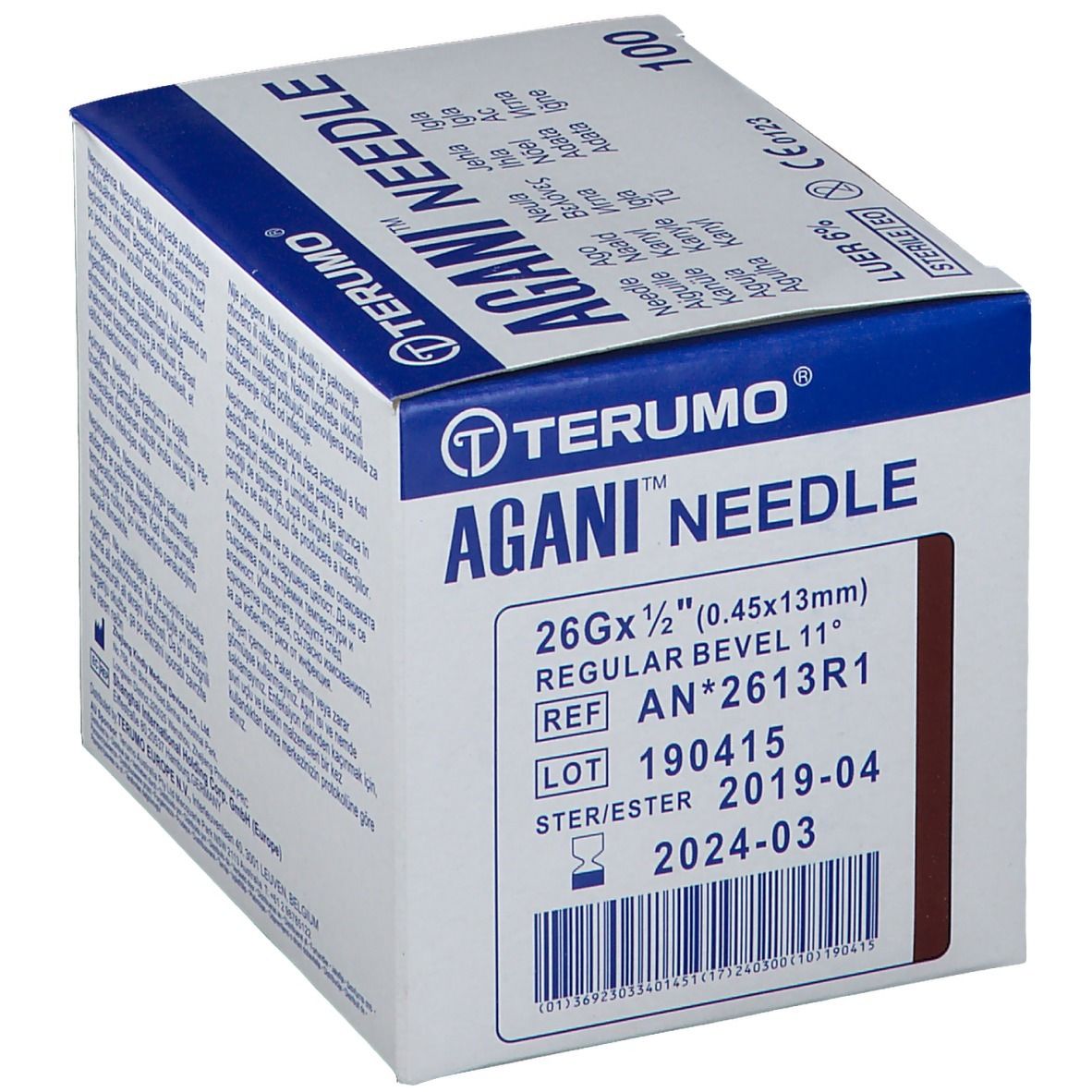 Boîte Terumo Agani Needle. Inscription : 26G x 1/2 (0,45 x 13 mm). 100 unités. Stérile. Marquage CE.