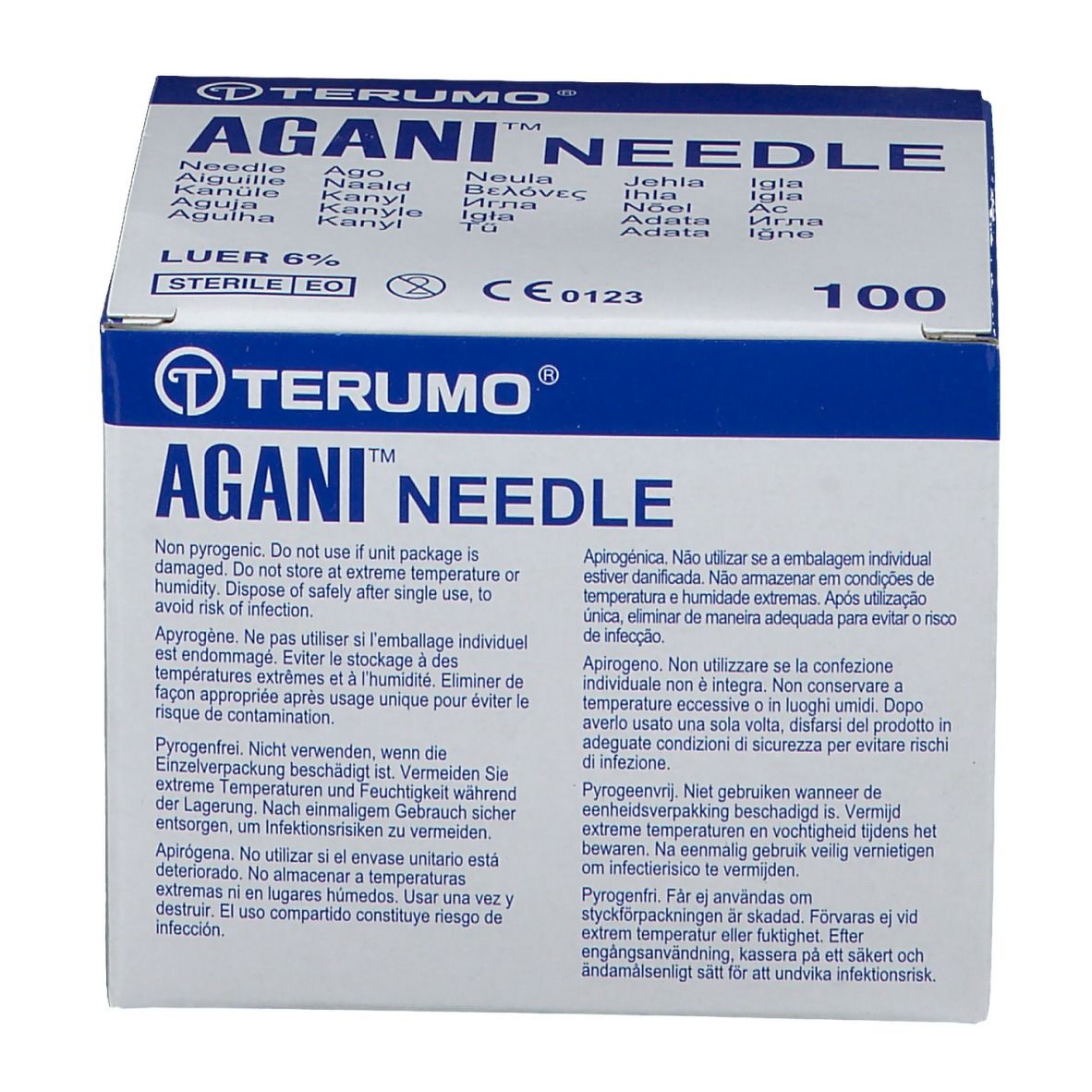 Boîte Terumo Agani Needle. Inscription : 100 unités. Stérile. Marquage CE. Vue en angle.