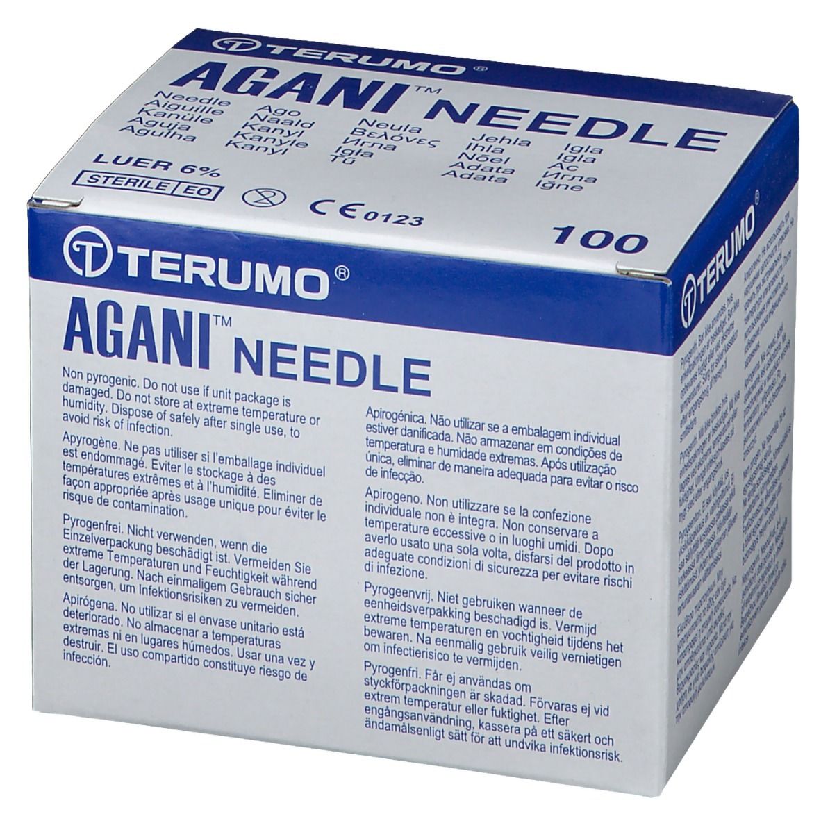 Boîte Terumo Agani Needle. Inscription : 100 unités. Stérile. Marquage CE. Vue en angle.