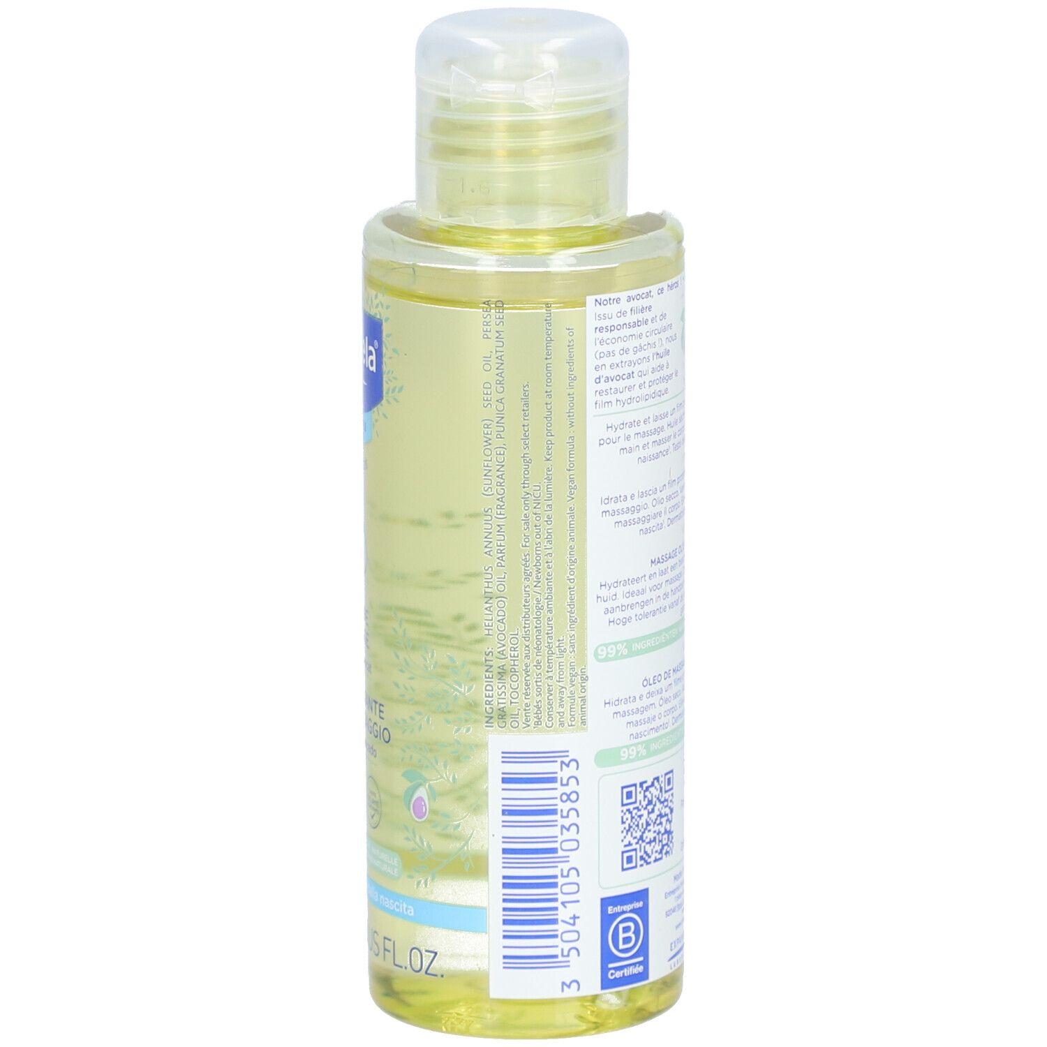 Rückseite der Mustela® Massageöl Flasche. Etikett mit Produktinformationen und Text. Transparente Flasche mit gelber Flüssigkeit.