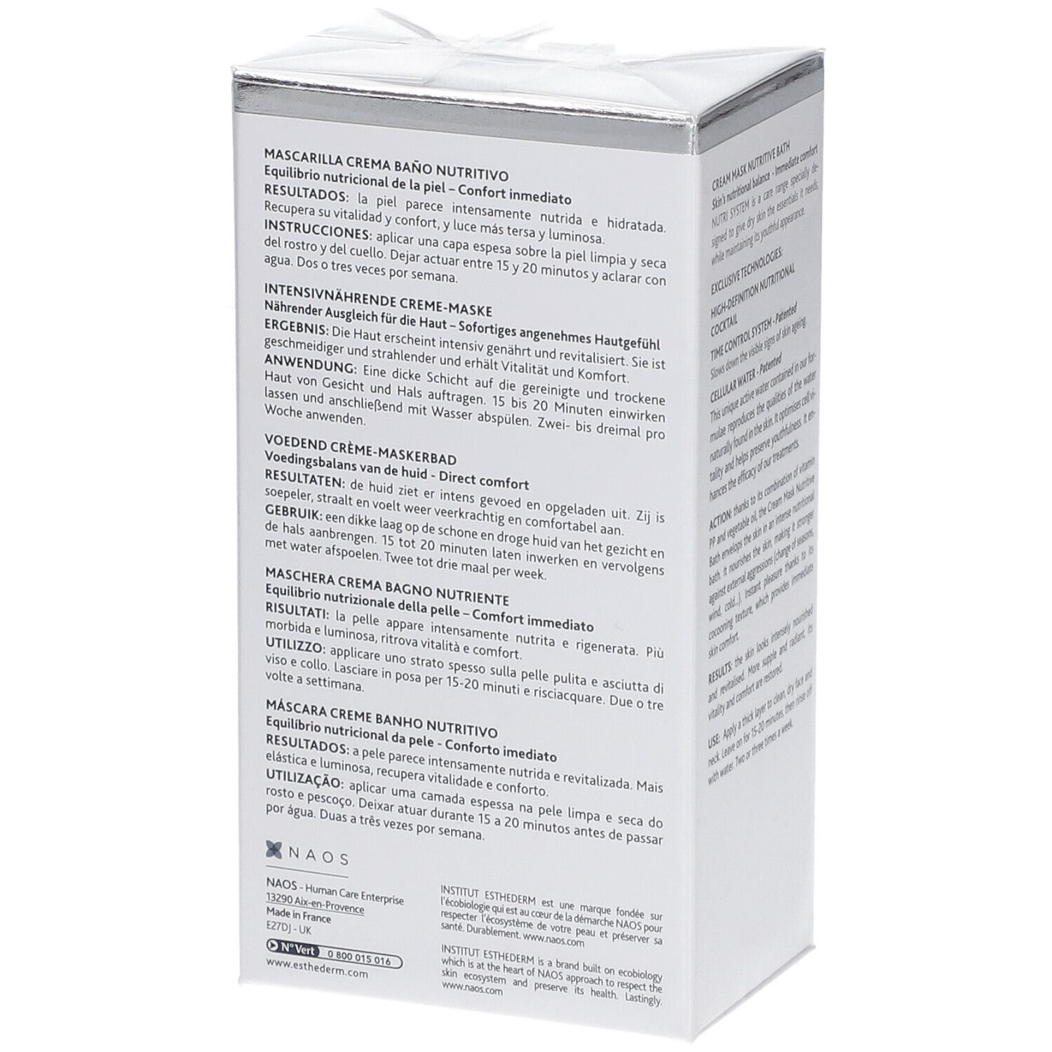 Boîte blanche, texte sur le côté: Masque crème bain nutritif, mode d'emploi, résultats. Logo NAOS.