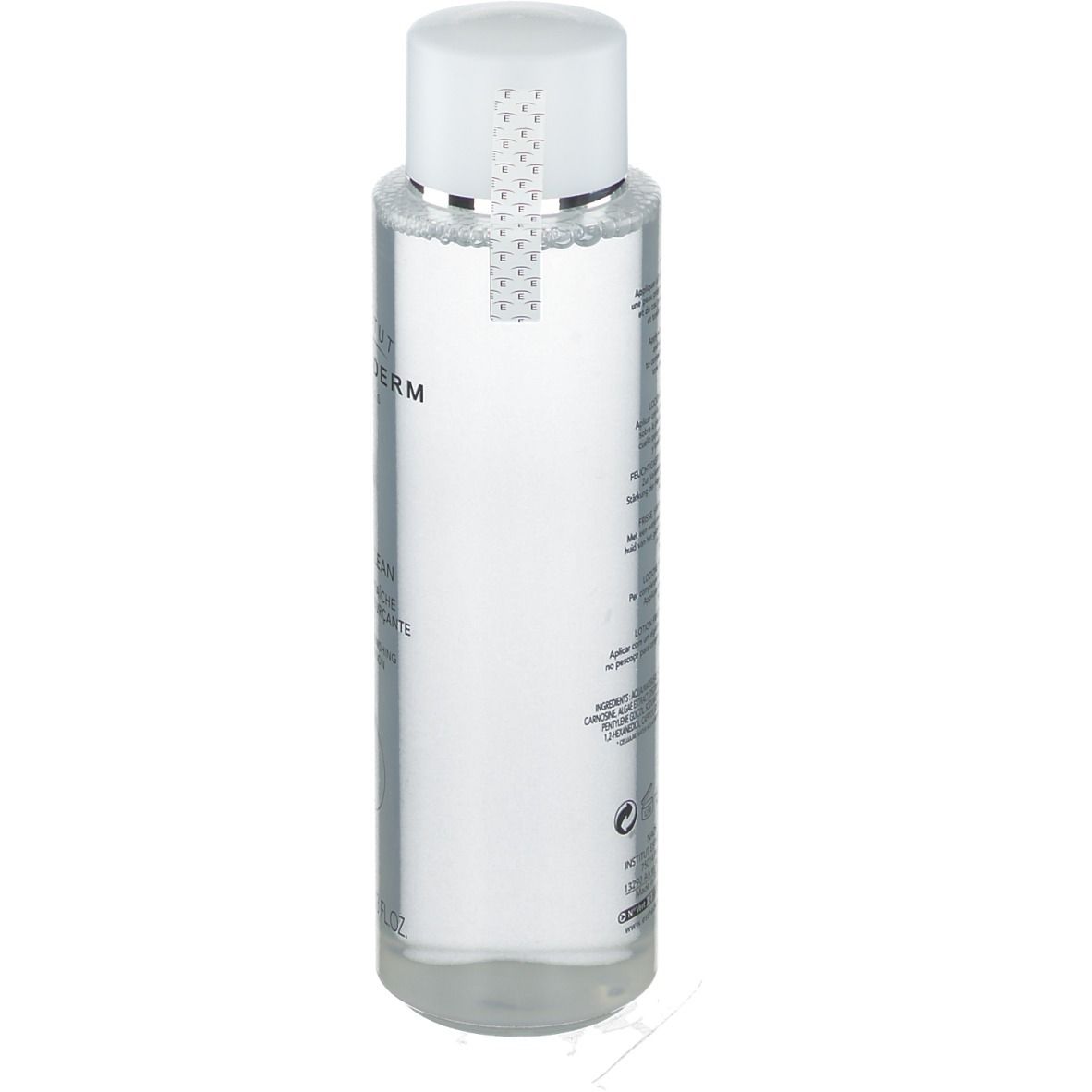 Klare Flasche mit weißem Deckel. Produktetikett mit Text. INSTITUT ESTHEDERM ist sichtbar. Flasche steht auf weißem Untergrund.