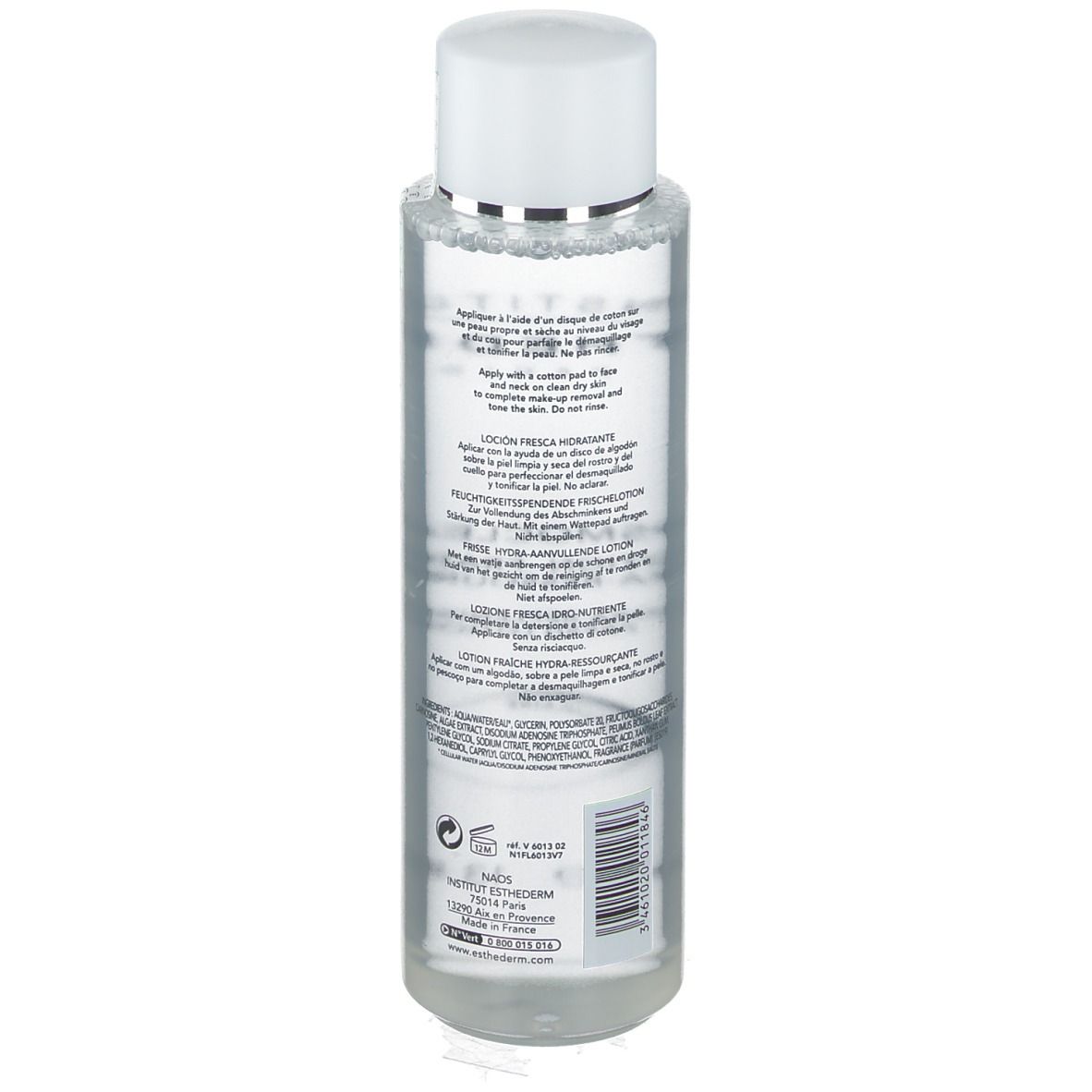 Transparente Flasche mit weißem Deckel. Produktetikett mit Text. INSTITUT ESTHEDERM ist sichtbar. Flasche steht auf weißem Untergrund.