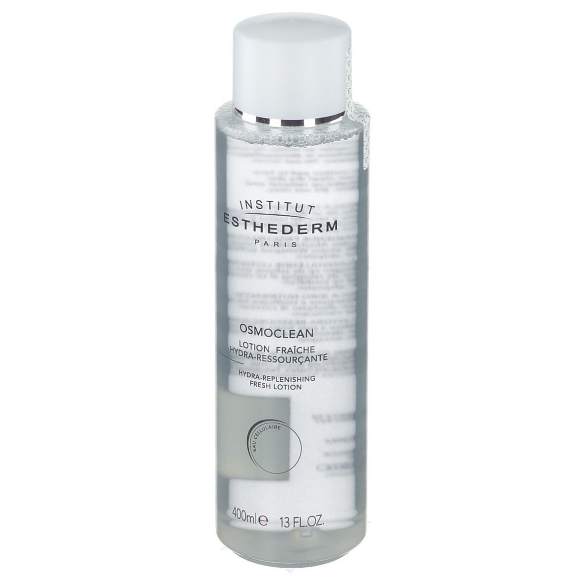 Klare Flasche mit weißem Deckel. Produktetikett mit Text. INSTITUT ESTHEDERM und OSMOCLEAN sind sichtbar. Flasche steht.