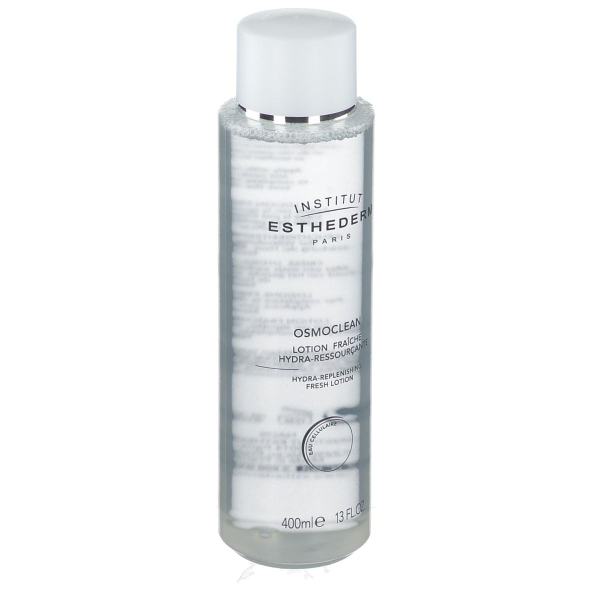 Klare Flasche mit weißem Deckel. Produktetikett mit Text. INSTITUT ESTHEDERM und OSMOCLEAN sind sichtbar. Flasche steht.