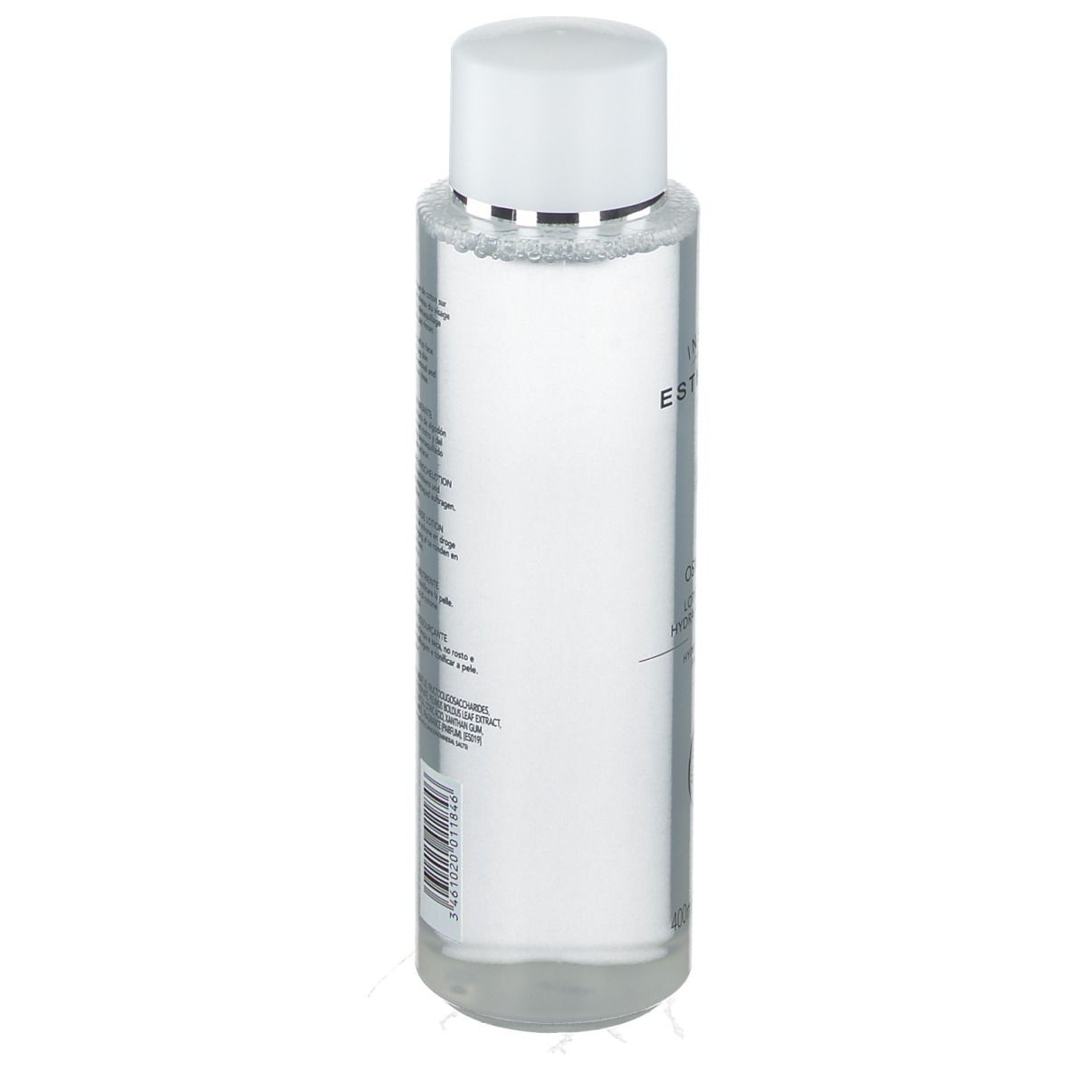 Transparente Flasche mit weißem Deckel. Produktetikett mit Text. INSTITUT ESTHEDERM ist sichtbar. Flasche steht auf weißem Untergrund.