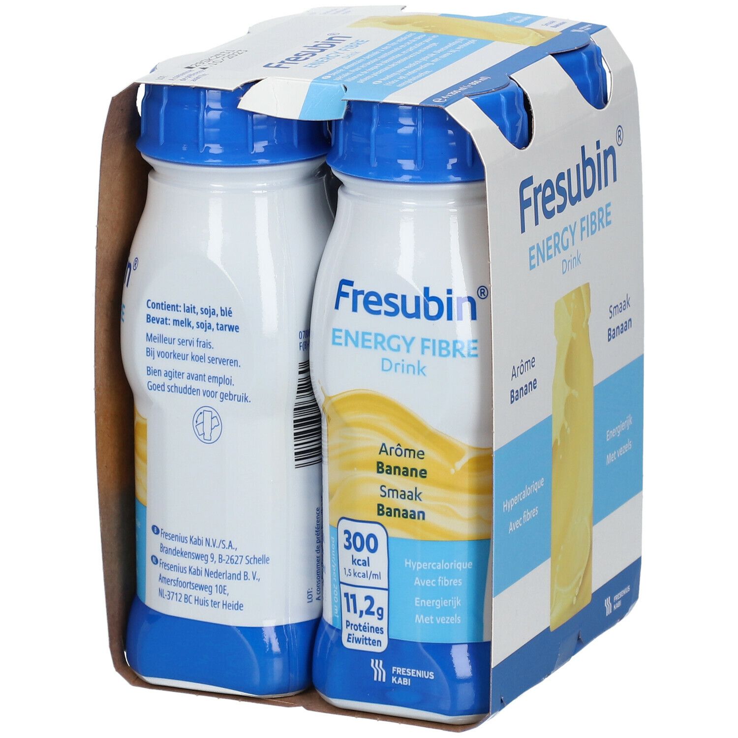 Emballage de quatre bouteilles. Inscription: Fresubin Energy Fibre Drink Banane. Bouchons bleus, bouteilles blanches.