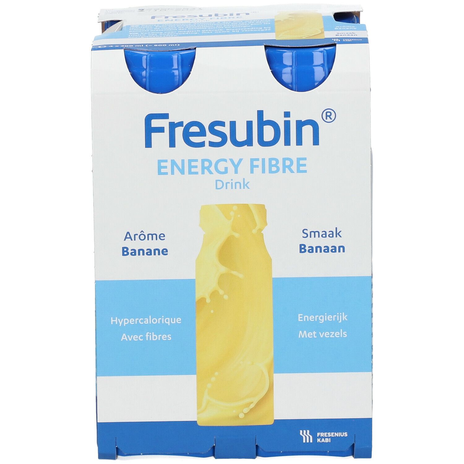 Bouteille unique. Inscription: Fresubin Energy Fibre Drink Banane. Bouchon bleu, bouteille blanche. Illustration de boisson à la banane.