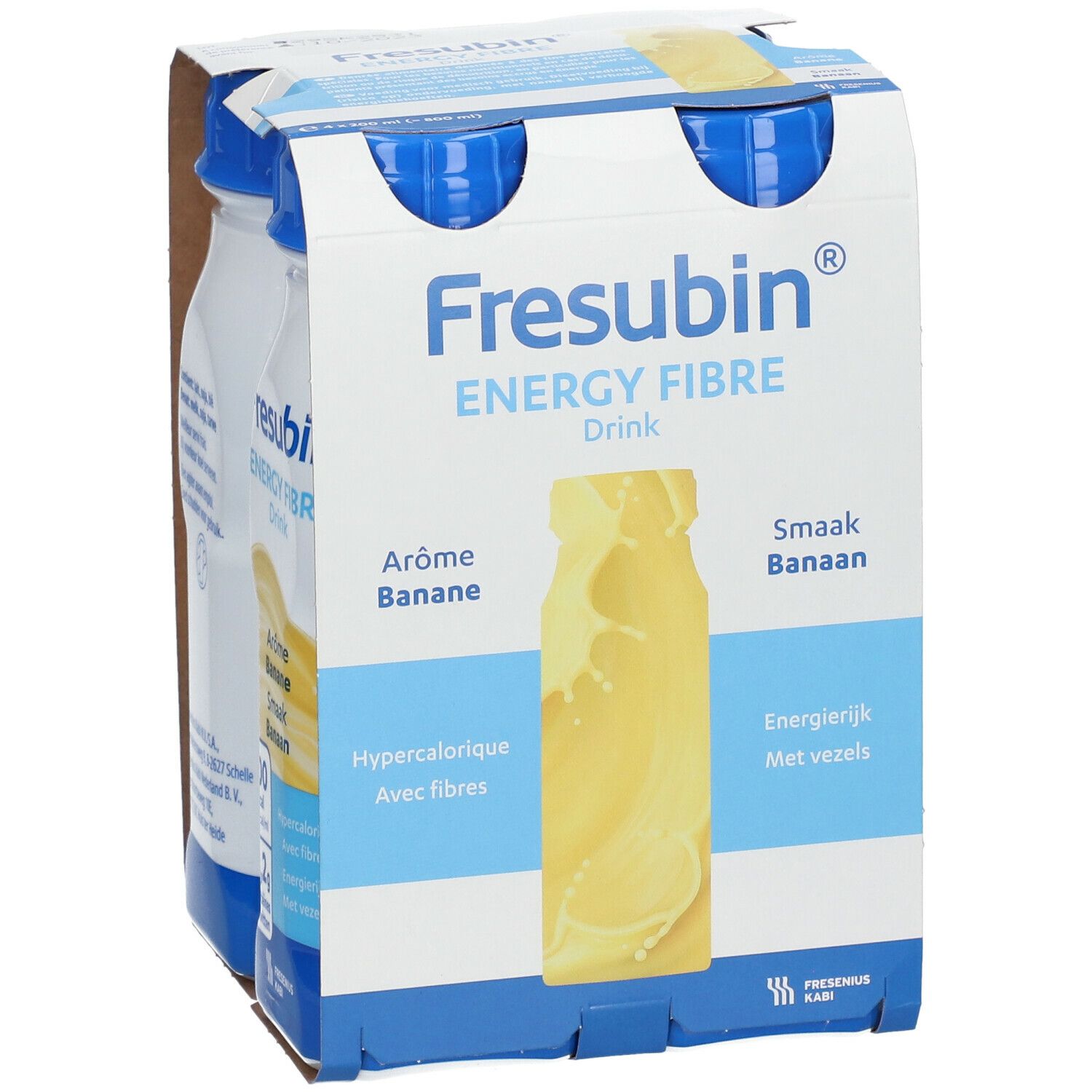 Emballage de quatre bouteilles. Inscription: Fresubin Energy Fibre Drink Banane. Bouchons bleus, bouteilles blanches.