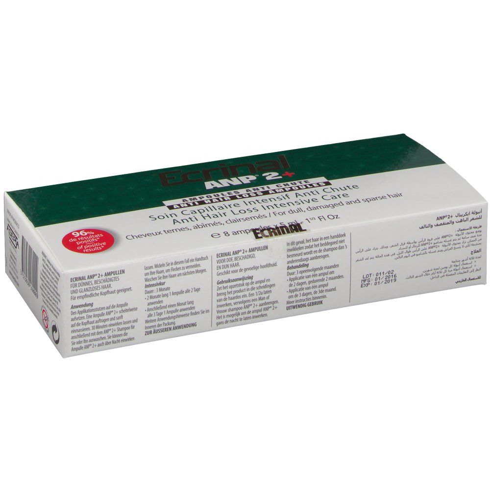 Boîte de produit avec informations. Texte: Ecrinal ANP 2, Soin Capillaire Intensif Anti Chute. Vert et blanc.