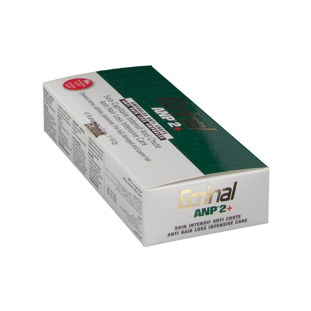 Boîte de produit en biais. Texte: Ecrinal ANP 2, Soin Capillaire Intensif Anti Chute. Vert et blanc.