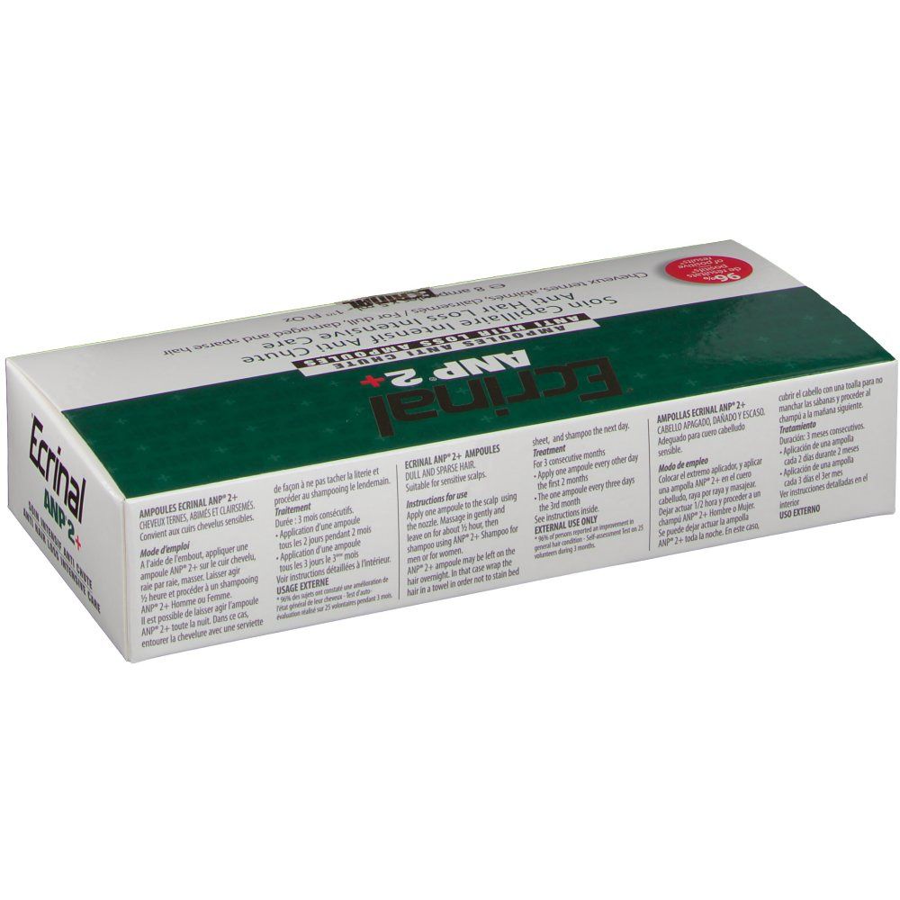 Boîte de produit avec texte. Texte: Ecrinal ANP 2, Soin Capillaire Intensif Anti Chute. Vert et blanc. Plusieurs zones de texte.