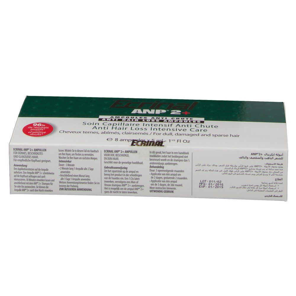 Boîte de produit avec texte. Texte: Ecrinal ANP 2, Soin Capillaire Intensif Anti Chute. Vert et blanc. 8 ampoules.