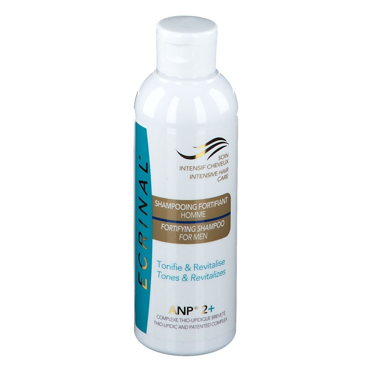 Flacon blanc avec étiquette bleu et or. Shampooing pour hommes. Texte: Ecrinal, Shampooing Fortifiant Homme, ANP 2+.